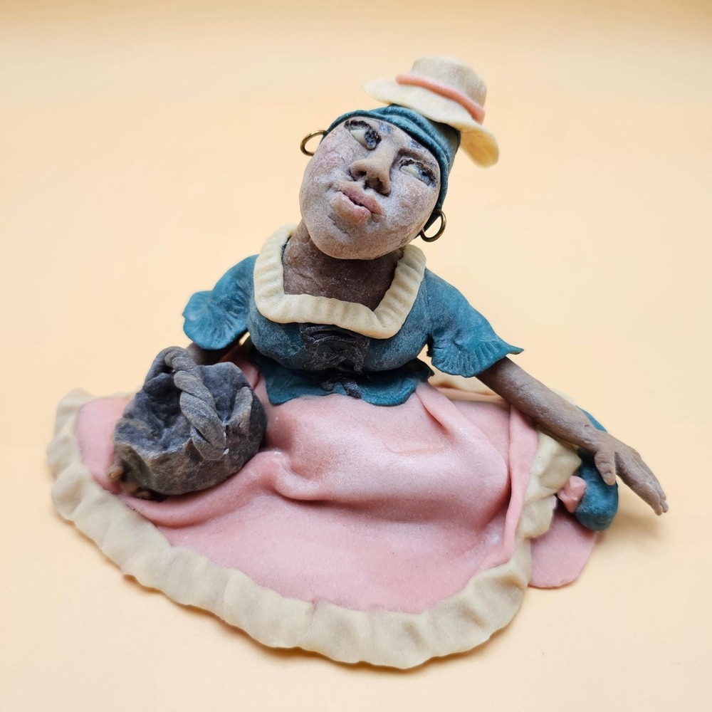 Artisan Signed Limited Edition Figurine Woman Basket Straw Hat Handcrafted RARE